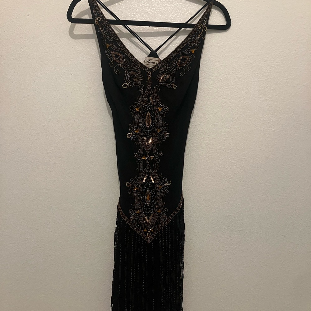 Vintage Stenay Black Beaded Fringe Evening Dress